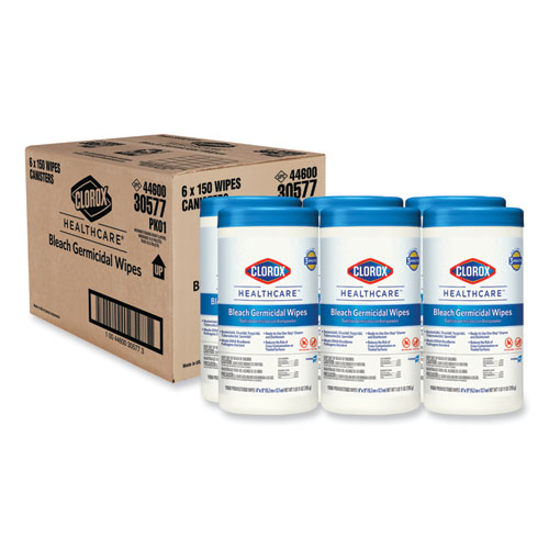 Image of Clorox Healthcare® Bleach Germicidal Wipes, 1-Ply, 6 X 5, Unscented, White, 150/Canister, 6 Canisters/Carton