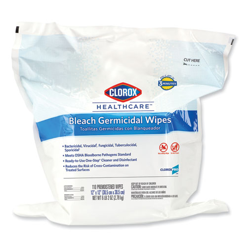 Clorox Healthcare® Bleach Germicidal Wipes, 1-Ply, 12 X 12, Unscented, White, 110/Bag