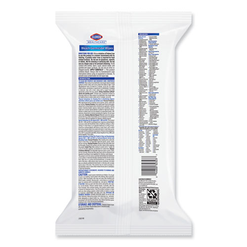 Bleach Germicidal Wipes, 1-Ply, 6.75 x 9, Unscented, White, 100 Wipes/Flat Pack, 6 Packs/Carton