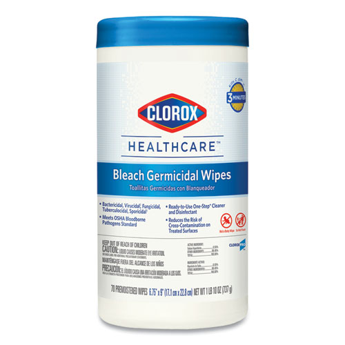 Clorox Healthcare® Bleach Germicidal Wipes, 1-Ply, 6.75 x 9, Unscented, White, 70/Canister
