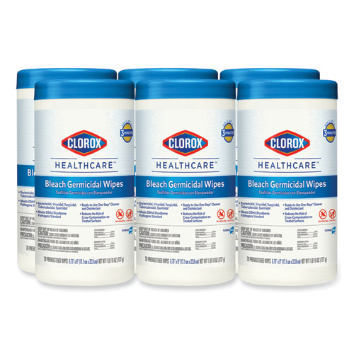 Image of Clorox Healthcare® Bleach Germicidal Wipes, 1-Ply, 6.75 X 9, Unscented, White, 70/Canister