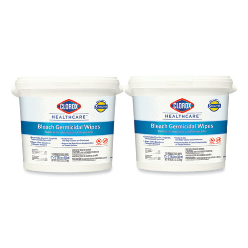 Image of Clorox Healthcare® Bleach Germicidal Wipes, 1-Ply, 12 X 12, Unscented, White, 110/Canister, 2 Canisters/Carton