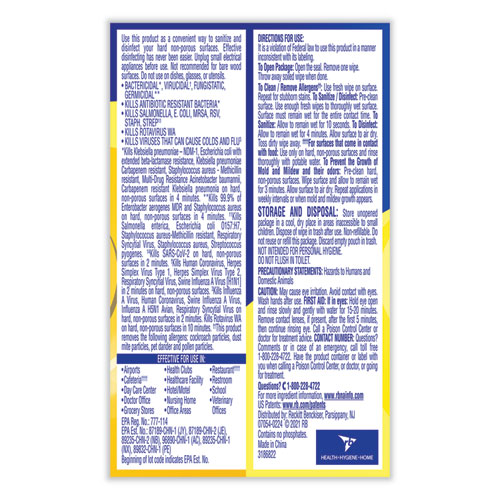 Image of Lysol® Brand Professional Disinfecting Wipe Single Count Packet, 1-Ply, 6 X 7, Lemon And Lime Blossom, White, 300 Packets/Carton