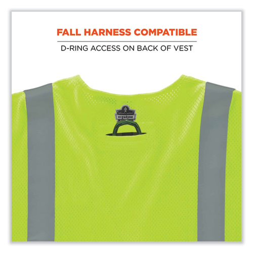 EGO22219 - The GloWear 8356FRHL Hi-Vis FR Safety Vest is a Type R Class 3 vest compliant to ASTM F1506 for flame resistance. Designed to be worn as part of a complete flame-resistant garment system, this ANSI-compliant mesh work vest is tested and certified to an ATPV 4.6 cal/cm2. This ASTM F1506 and ANSI/ISEA 107-compliant Class 3 safety vest is made from GlenGuard FR Fabric with a 5.6 oz modacrylic mesh body and binding for increased airflow and breathability. This reflective vest also features 2 ANSI-Compliant 3M Scotchlite FR reflective tape for heightened visibility at night or in low light environments. Included in the vest are one interior pocket, one dual pen pocket and a single fire-resistant radio mic tab. There is D-ring access on the back and a hook and loop closure for easy on/off. This FR high-visibility clothing is ideal for electrical, petrochemical, oil and gas and refinery work. Apparel Type: Safety Vest; Material(s): Modacrylic; Kevlar; Color(s): Lime; Color Family: Green.