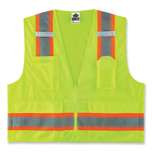 GloWear 8248Z Class 2 Two-Tone Surveyors Zipper Vest, Polyester, 4X-Large/5X-Large, Lime, Ships in 1-3 Business Days