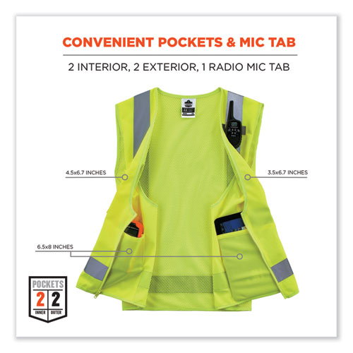 GloWear 8249Z-S Single Size Class 2 Economy Surveyors Zipper Vest, Polyester, X-Small, Lime