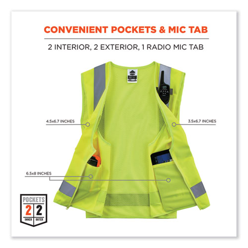 GloWear 8249Z-S Single Size Class 2 Economy Surveyors Zipper Vest, Polyester, 4X-Large, Lime