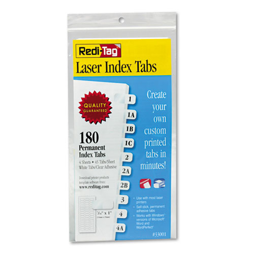 Redi-Tag® Laser Printable Index Tabs, 1/12-Cut, White, 0.44" Wide, 180/Pack