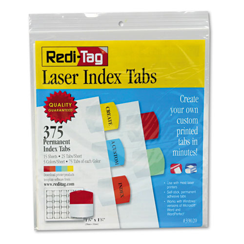 Redi-Tag® Inkjet Printable Index Tabs, 1/5-Cut, Assorted Colors, 1.13" Wide, 375/Pack