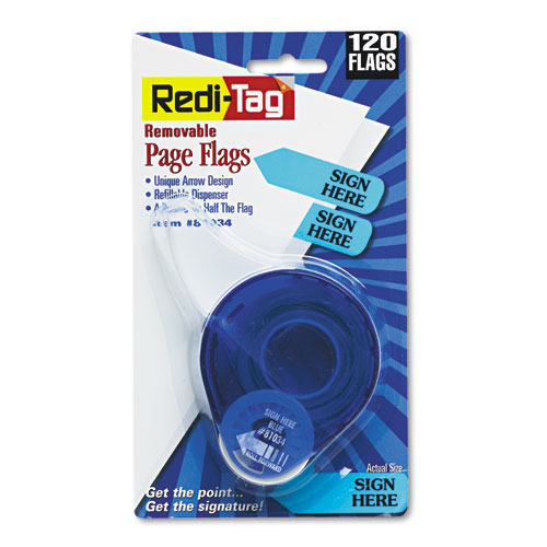 Image of Redi-Tag® Arrow Message Page Flags In Dispenser, "Sign Here", Blue, 120 Flags/Dispenser