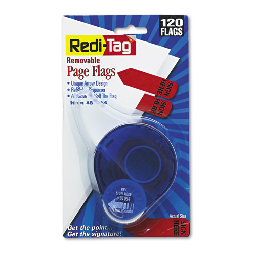 Image of Redi-Tag® Arrow Message Page Flags In Dispenser, "Sign Here", Red, 120/Dispenser
