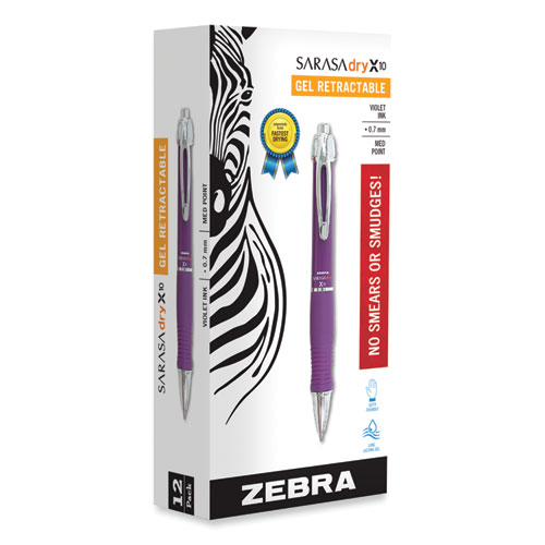 Sarasa Dry X10 Gel Pen, Retractable, Medium 0.7 mm, Violet Ink, Violet/Silver Barrel, 12/Pack