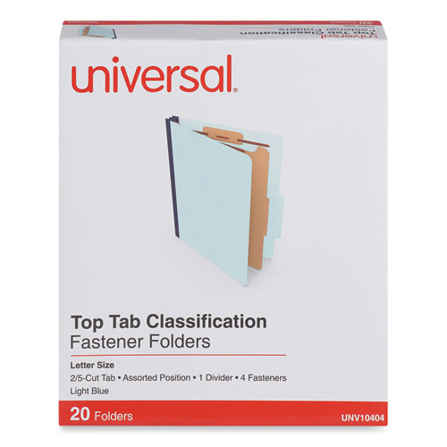 Image of Universal® Four-Section Pressboard Classification Folders, 1.75" Expansion, 1 Divider, 4 Fasteners, Letter Size, Light Blue, 20/Box
