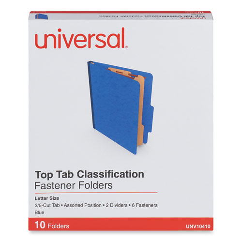 Universal® Six-Section Pressboard Classification Folders, 2.5" Expansion, 2 Dividers, 6 Fasteners, Letter Size, Blue, 10/Box