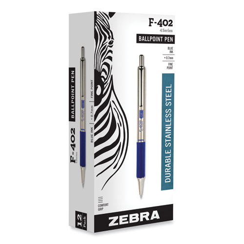 Image of Zebra® F-402 Ballpoint Pen, Retractable, Fine 0.7 Mm, Blue Ink, Stainless Steel/Blue Barrel