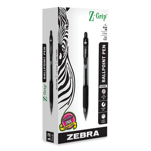 Z-Grip Ballpoint Pen, Retractable, Medium 0.7 mm, Black Ink, Clear/Black Barrel, 12/Pack