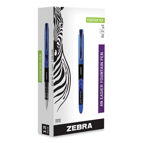 Image of Zebra® Fountain Pen, Fine 0.6 Mm, Blue Ink, Blue, 12/Pack
