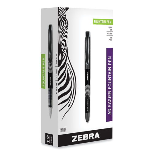 Zebra® Fountain Pen, Fine 0.6 Mm, Black Ink, Black, 12/Pack