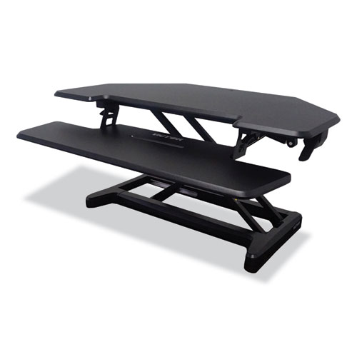 Image of Height Adjustable Corner Standing Desk with Keyboard Tray, 36 x 20 x 0 to 20, Black, Ships in 1-3 Business Days