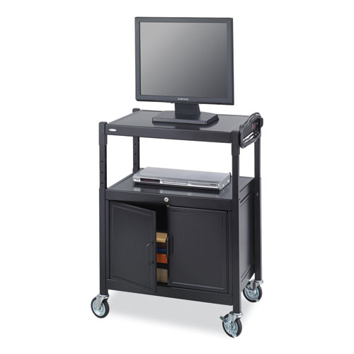 Steel Adjustable AV Cart w/Cabinet, Metal, 3 Shelf, 6 AC Outlets, 40 lb Cap, 26.75x20.5x42, Black, Ships in 1-3 Business Days