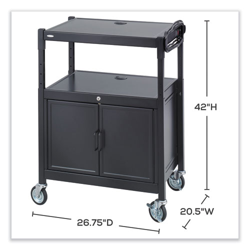Image of Safco® Steel Adjustable Av Cart W/Cabinet, Metal, 3 Shelf, 6 Ac Outlets, 40 Lb Cap, 26.75X20.5X42, Black, Ships In 1-3 Business Days