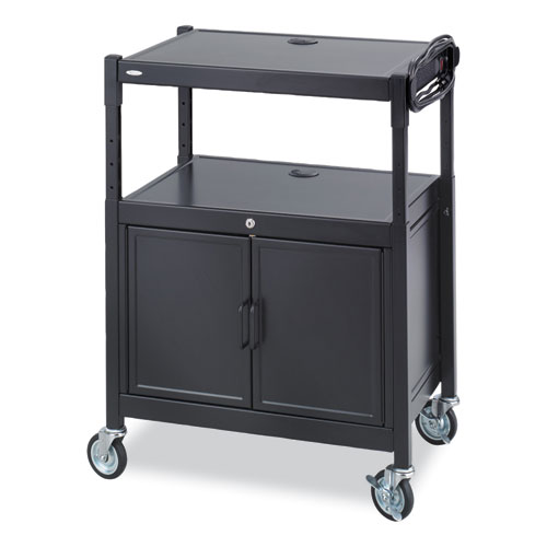 Safco® Steel Adjustable AV Cart w/Cabinet, Metal, 3 Shelf, 6 AC Outlets, 40 lb Cap, 26.75x20.5x42, Black, Ships in 1-3 Business Days
