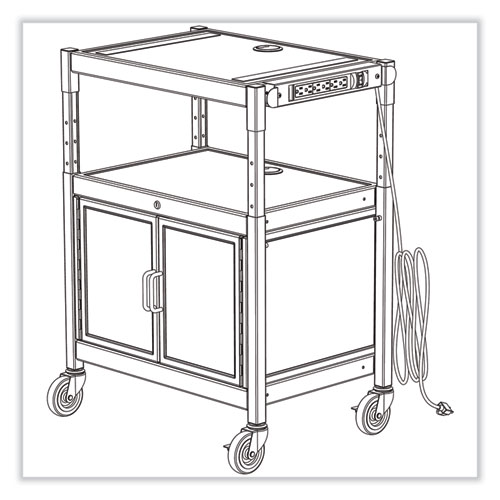 Steel Adjustable AV Cart w/Cabinet, Metal, 3 Shelf, 6 AC Outlets, 40 lb Cap, 26.75x20.5x42, Black, Ships in 1-3 Business Days