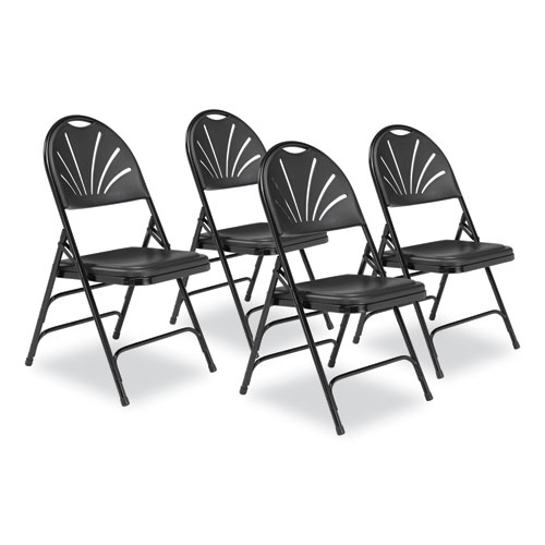 1100 Series Fan-Back Tri-Brace Dual Hinge Folding Chair, Supports 500 lb, 17.75" Seat Ht, Black, 4/CT, Ships in 1-3 Bus Days