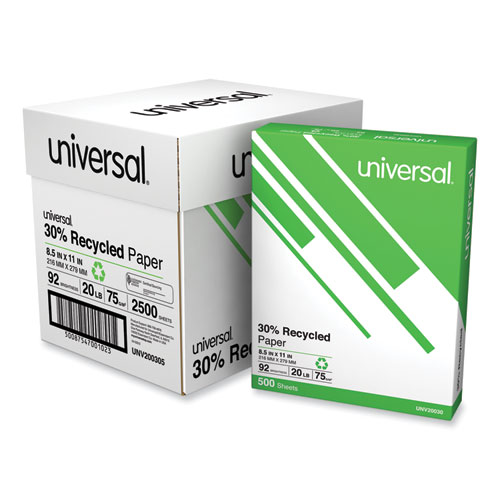 Image of Universal® 30% Recycled Copy Paper, 92 Bright, 20 Lb Bond Weight, 8.5 X 11, White, 500 Sheets/Ream, 5 Reams/Carton