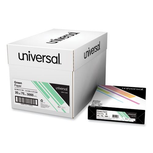 Image of Universal® Deluxe Colored Paper, 20 Lb Bond Weight, 8.5 X 11, Green, 500/Ream