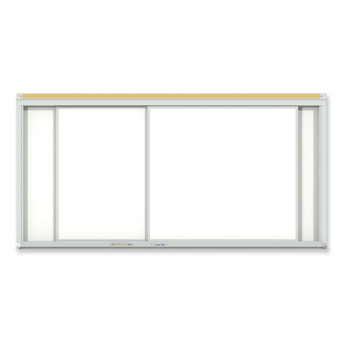 Horizontal Sliding Porcelain Magnetic Whiteboard, 144 x 48, White Surface, Satin Aluminum Frame, Ships in 7-10 Business Days
