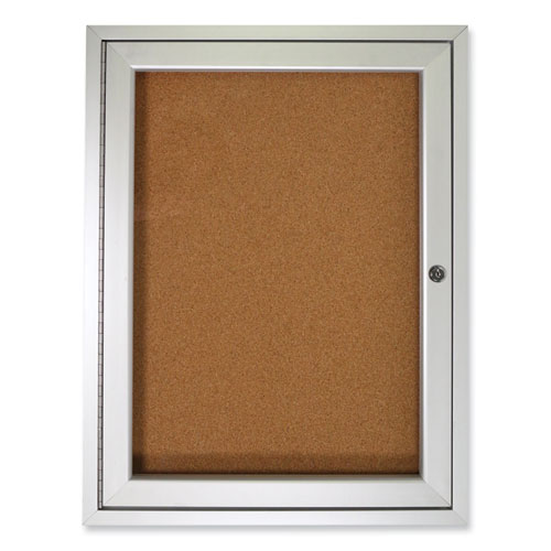 Ghent 1 Door Enclosed Natural Cork Bulletin Board with Satin Aluminum Frame, 18 x 24, Tan Surface, Ships in 7-10 Business Days