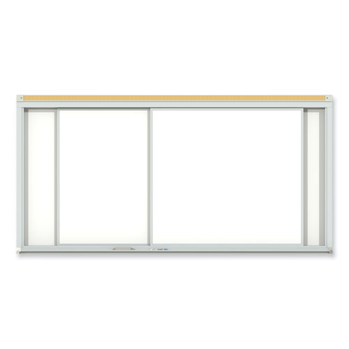 Horizontal Sliding Porcelain Magnetic Whiteboard, 96 x 48, White Surface, Satin Aluminum Frame, Ships in 7-10 Business Days