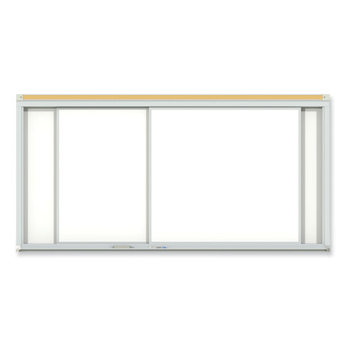 Horizontal Sliding Porcelain Magnetic Whiteboard, 72" x 48", White Surface, Anodized Aluminum Frame