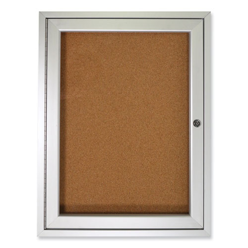 1 Door Enclosed Natural Cork Bulletin Board with Satin Aluminum Frame, 30 x 36, Tan Surface, Ships in 7-10 Business Days