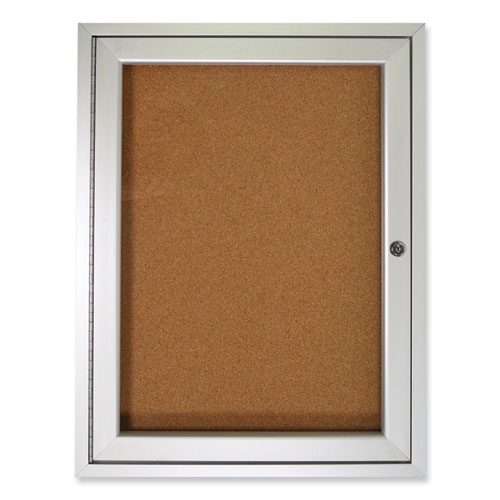 1 Door Enclosed Natural Cork Bulletin Board with Satin Aluminum Frame, 24 x 36, Tan Surface, Ships in 7-10 Business Days