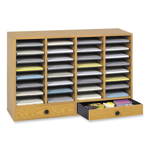 Wood Adjustable Literature Organizer, 32 Compartments, 39.25 x 11.75 x 25.25, Medium Oak