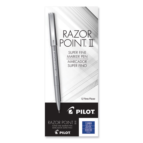 Razor Point II Super Fine Line Porous Point Pen, Stick, Ultra-Fine 0.2 mm, Blue Ink, Blue Barrel, Dozen