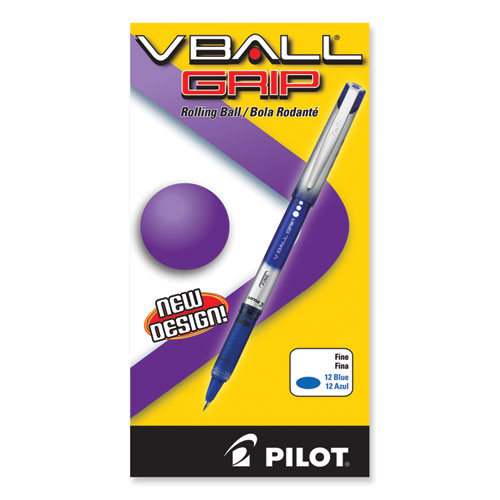 Image of Pilot® Vball Grip Liquid Ink Roller Ball Pen, Stick, Fine 0.7 Mm, Blue Ink, Blue/Silver Barrel, Dozen