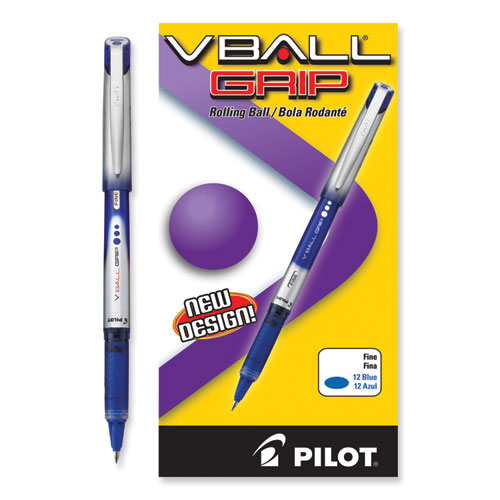 Image of Pilot® Vball Grip Liquid Ink Roller Ball Pen, Stick, Fine 0.7 Mm, Blue Ink, Blue/Silver Barrel, Dozen