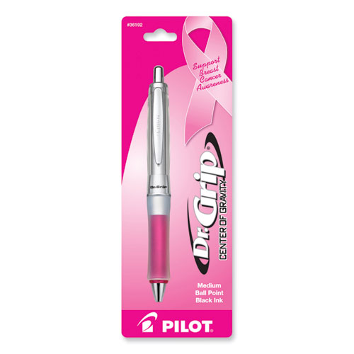 Image of Pilot® Dr. Grip Center Of Gravity Breast Cancer Awareness Ballpoint Pen, Retractable, Medium 1Mm, Black Ink, Silver/Pink Barrel