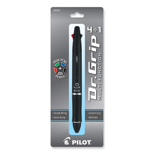Image of Pilot® Dr. Grip 4 + 1 Multi-Color Ballpoint Pen/Pencil, Retractable, 0.7 Mm Pen/0.5Mm Pencil, Black/Blue/Green/Red Ink, Black Barrel