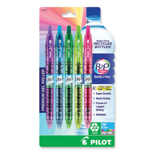 B2P Bottle-2-Pen Recycled Gel Pen, Retractable, Fine 0.7 mm, Assorted Ink and Barrel Colors, 5/Pack
