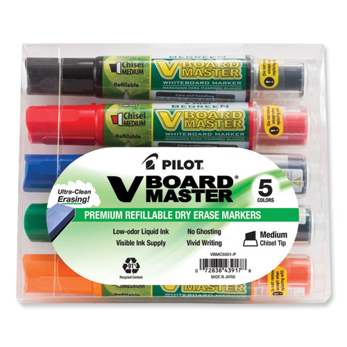 Pilot® BeGreen V Board Master Dry Erase Marker, Medium Chisel Tip, Assorted Colors, 5/Pack