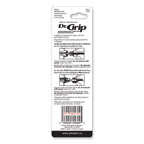 Refill for Dr. Grip, Easytouch, The Better, B2P and Rex Grip BeGreen Ballpoint Pens, Medium Conical Tip, Black Ink, 2/Pack