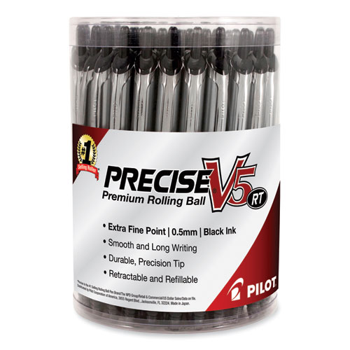 Image of Pilot® Precise V5Rt Roller Ball Pen, Retractable, Extra-Fine 0.5 Mm, Black Ink, Black Barrel, 30/Pack