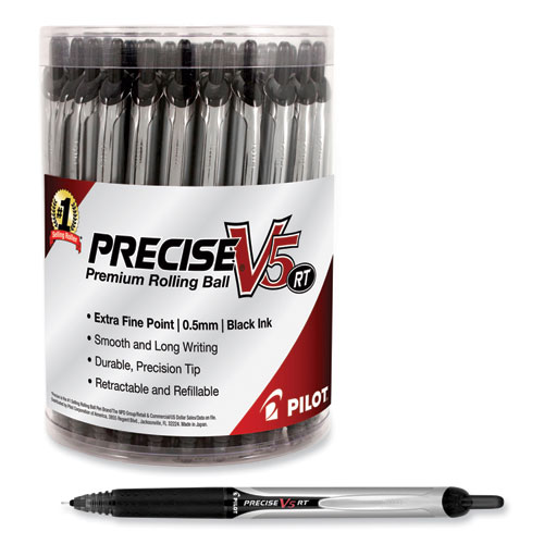 Image of Pilot® Precise V5Rt Roller Ball Pen, Retractable, Extra-Fine 0.5 Mm, Black Ink, Black Barrel, 30/Pack