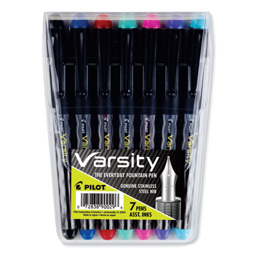 Pilot® Varsity Fountain Pen, Medium 1 Mm, Assorted Ink Colors, Gray Pattern Wrap, 7/Pack