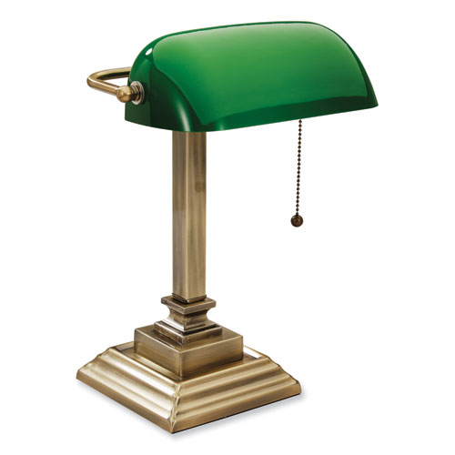 Image of LED Banker's Lamp with Green Shade, USB Charging Port, Candlestick Neck, 15" High, Antique Brass, Ships in 4-6 Business Days
