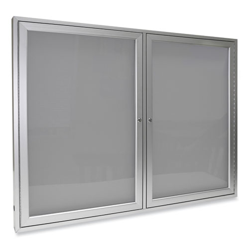 Ghent 2 Door Enclosed Vinyl Bulletin Board with Satin Aluminum Frame, 48 x 36, Silver Surface, Ships in 7-10 Business Days